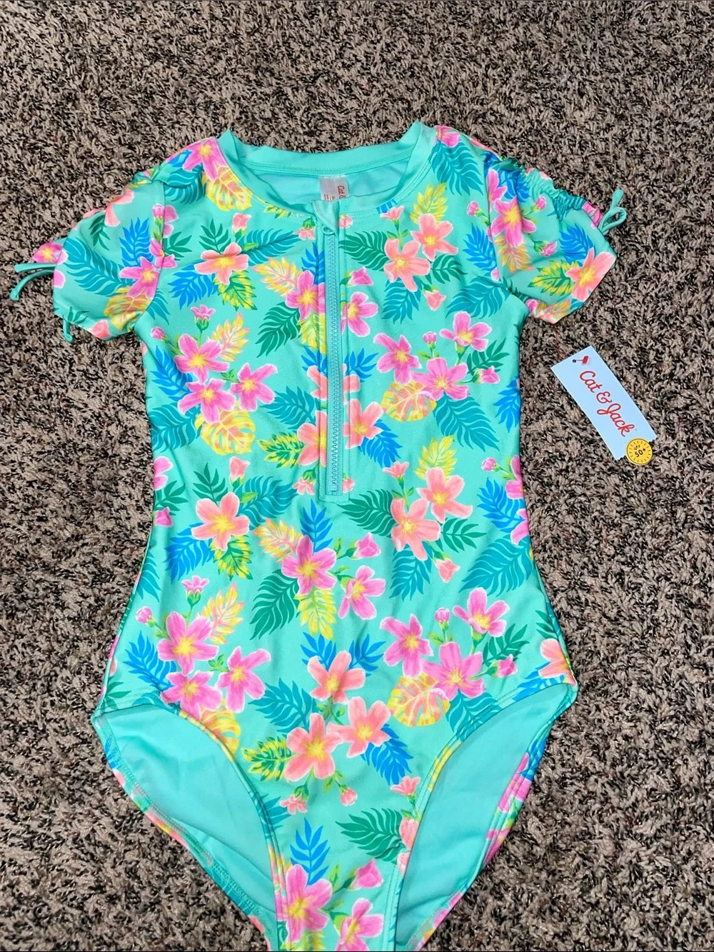 Cat & Jack Turquoise Floral Zip-Front Girls Swimsuit Size XL (14) NWT